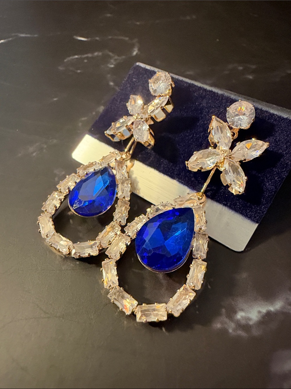 Gold Tone Blue Teardrop Crystal Statement Party Wedding Earrings - Picture 4 of 7